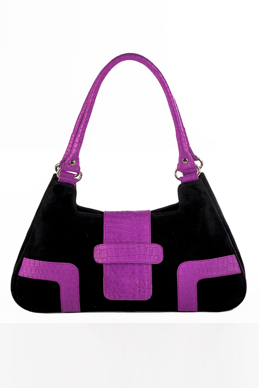 Mauve purple and matt black women's dress handbag, matching pumps and belts. Top view - Florence KOOIJMAN